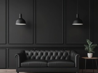 Sleek and stylish blackthemed living room with matte finishes, leather furniture, and modern lighting fixtures