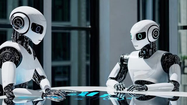 Vid&eacute;o de deux robots humano&iuml;des assis face &agrave; face autour d&rsquo;une table num&eacute;rique, en pleine discussion anim&eacute;e, concept de communication entre intelligences artificielles autonomes