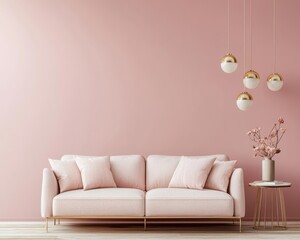 Chic and stylish pinkthemed living room with blushtoned furniture, soft textures, and gold accents