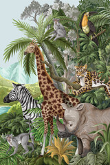 Mural with jungle animals and trees, realistic, cute landscape. Vector. © Yumeee