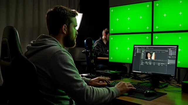 A man sits at a desk, focused on multiple green screens displaying editing software
