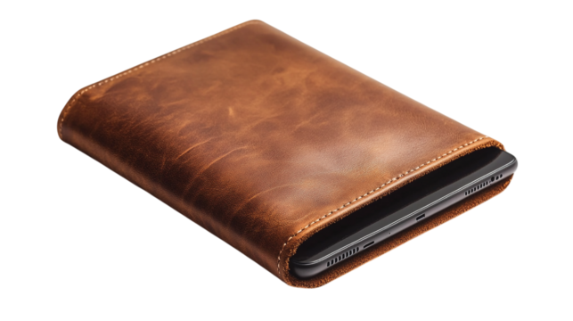 A minimalist e-reader with leather case, isolated on white background --ar 16:9