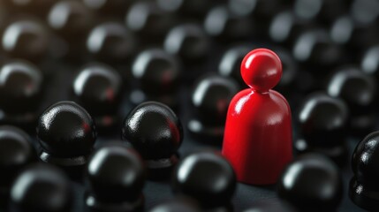 A single red figure stands amidst a large group of black ones