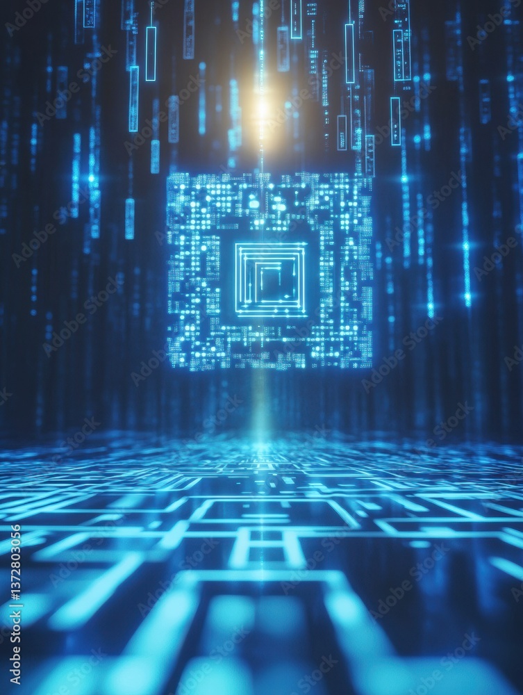 Poster Futuristic digital QR code in blue-lit environment illustrating advanced financial security concepts with glowing elements