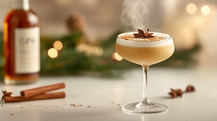 Glass with a handle on a stem with a lamina of white airy foam sprinkled with spices on top.