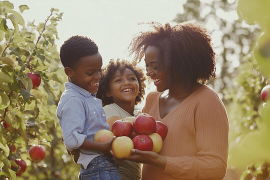 Happy family enjoying together while picking apples in orchard