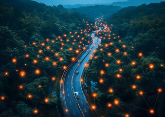 Aerial View of Illuminated Network Connecting Cars on a Road Through a Dark Forest with Glowing Dots at Night