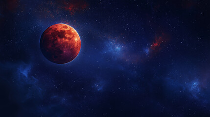 Obraz premium Macro shot of a lunar eclipse, the moon bathed in a deep crimson hue against the starry night sky.