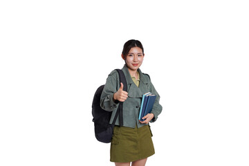 Portrait of asian student wearing backpack holding books posing on white background