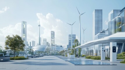 A futuristic cityscape with a clean, modern aesthetic, featuring wide open spaces, soft lighting, and sleek architectural designs