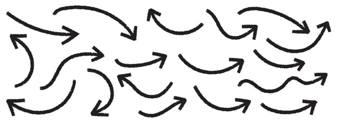 Brush, marker drawn bold arrows set. Collection of hand drawn doodle thick arrows in different directions. Set of Hand drawn vector arrows doodle on white background. Bold brush drawn arrows. design