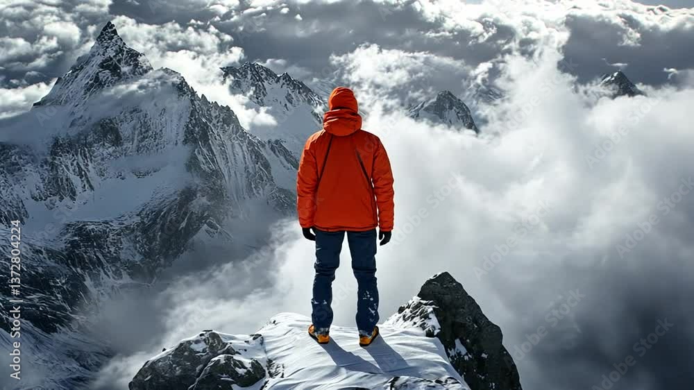 Poster man standing on mountain peak overlooking misty clouds and valleys generative ai