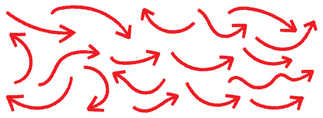 Set of Hand drawn vector arrows doodle on white background. Red Hand drawn arrow collection. Set of Red hand drawn grunge doodle spiral and curved charcoal, chalk arrows. Scribble symbols of direction