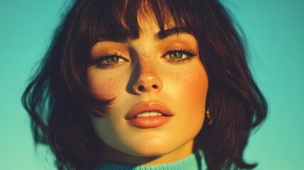 Fototapeta premium Close-up portrait of a young woman with freckles and a bob haircut, bathed in warm, golden light against a teal backdrop.