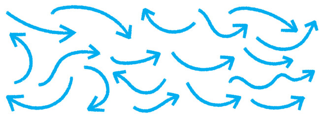 Hand drawn vector arrows doodle set. Long curved hand drawn arrow vector. grunge arrow . Set of black hand drawn grunge doodle spiral and curved charcoal. Set of blue hand drawn doodle arrows. 