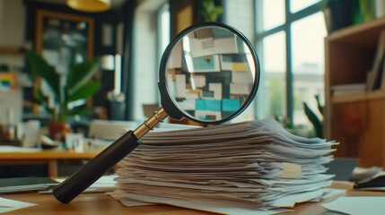 Magnifying Glass on Stack of Papers in Office