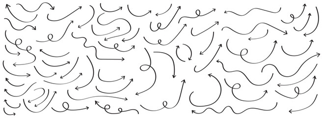 Set of black hand drawn arrow element vector. Collection of doodle arrows, lines, symbol, pointing mark, shapes on white background.  Hand drawn arrows set. Marker drawn arrows. Arrow icon. doodle 