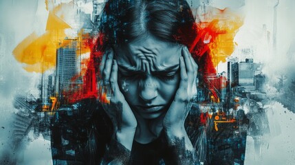 Woman facing stress with superimposed city background artwork