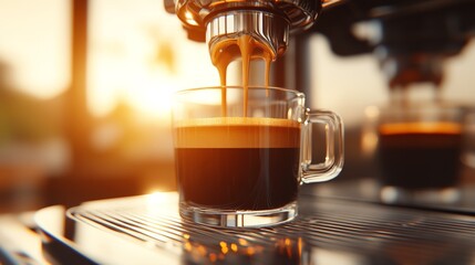 Espresso pouring into a glass cup, backlit by a warm sunset. The rich, dark coffee contrasts beautifully with the glowing light.