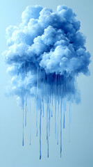 A fluffy blue cloud with dripping paint-like strands hangs against a light blue backdrop creating a serene surreal at