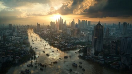 Fototapeta premium Sunset over a city river urban landscape aerial view vibrant sky and water reflections for stunning imagery