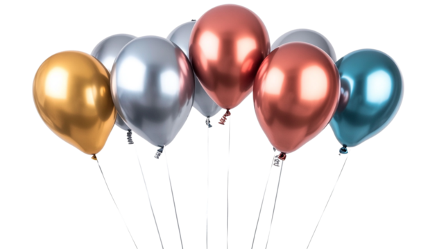 A pack of metallic helium balloons, isolated on white background --ar 16:9