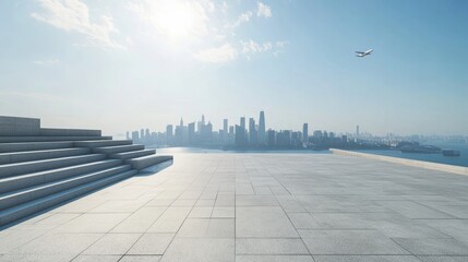 Empty square floor with modern architecture and city skyline background
