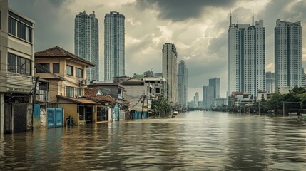 Fototapeta premium Severe flooding event in urban cityscape impacting residential areas and infrastructure somber atmosphere wide-angle view