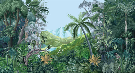 Mural with monochrome jungle forest. Palm trees, tropical leaves, nature landscape. Vector.