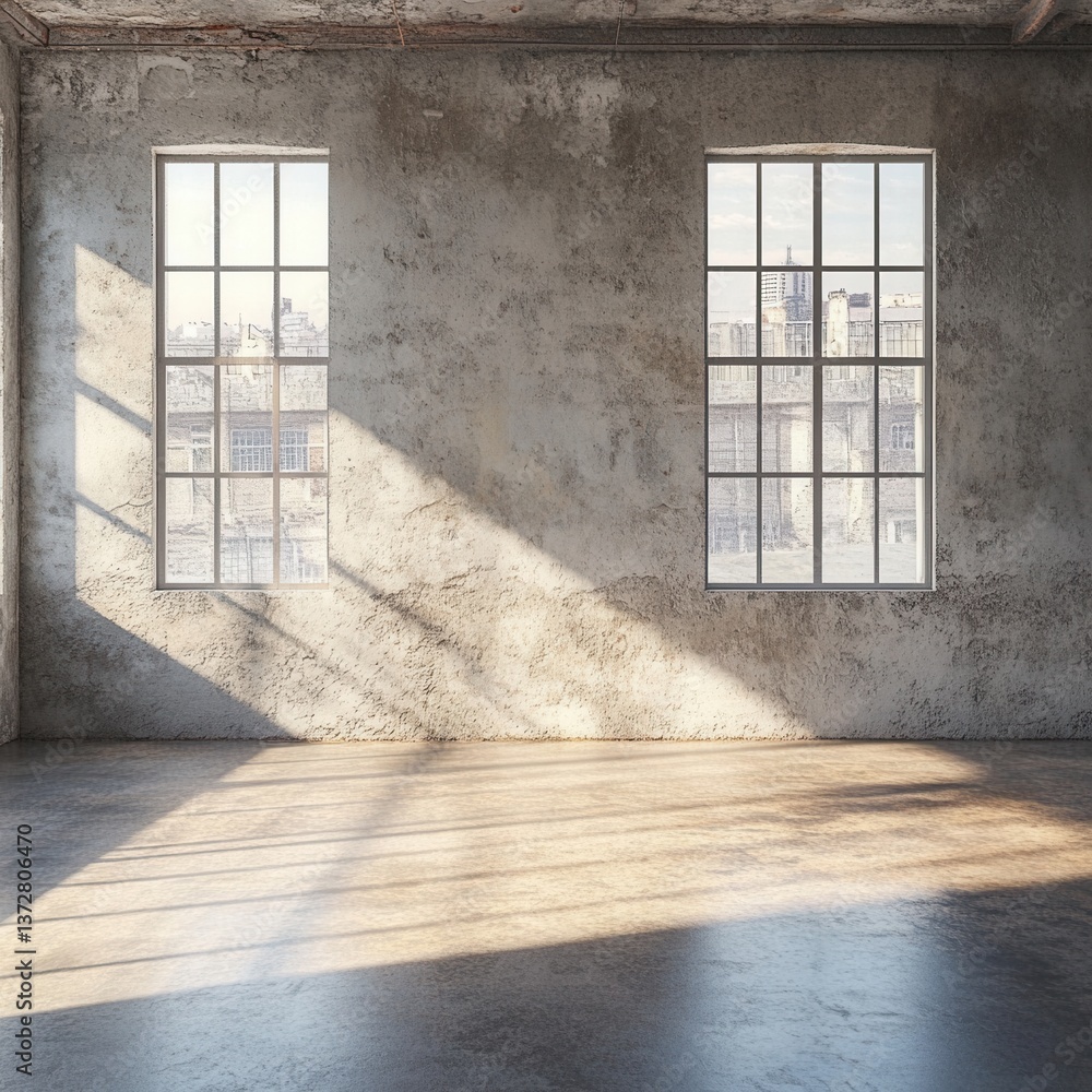Poster light streams through industrial windows illuminating an empty loft space with concrete floors and w