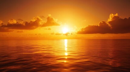 Fototapeta premium Fiery Sunset Over Calm Ocean: A breathtaking view of a vibrant sunset casting an orange glow over the tranquil ocean waters, creating a serene and peaceful atmosphere.