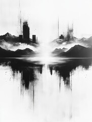Obraz premium A grayscale abstract landscape painting of a city reflected in a still lake, surrounded by mountains. The image evokes a serene, yet slightly melancholic mood.