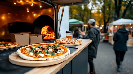Food Truck concept, Delicious pizza served from a food truck at a vibrant outdoor market.