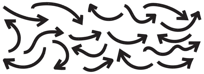 Brush, marker drawn bold arrows set. Collection of hand drawn doodle thick arrows in different directions. Various bold brush drawn arrows seamless pattern. Hand drawn different straight lines. 