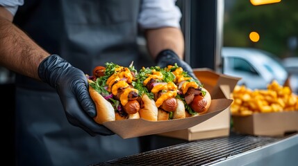 Food Truck concept, Food vendor presenting gourmet hot dogs with toppings in a takeaway container.