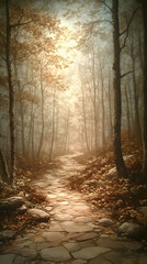 Obraz premium A stone path stretches through a light-filled forest Tall trees reach toward the sky their branches bare of leaves Mi