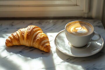 Parisian Morning Elegance - Fresh Croissant & Coffee Artistry | Marble Table Lifestyle Photography with Soft Window Light