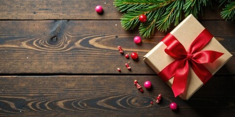 A festive gift box with a red ribbon, adorned with candy and evergreen branches, rests on a dark wooden surface.