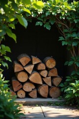 A neatly stacked pile of firewood rests against a dark wall, partially obscured by lush green foliage.