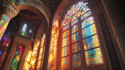 Obraz premium Interior view of a building with large stained glass windows
