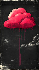 A striking display with a bold red cloud hovering against a dark backdrop contrasting with small white clouds below