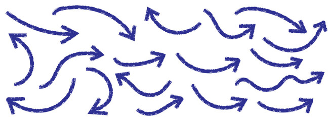 Blue doodle set on white background. Hand drawn set of doodle arrow icons. doodle marker thick arrows in different directions. Blue hand drawn brush arrow set. Grunge curved arrows set. Hand drawn 