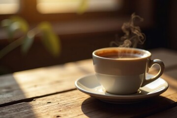 Warm Morning Beverage on Rustic Wooden Surface, Steam Rising from a Cup of Coffee in Soft Sunlight