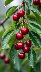 cherry fruits on a branch with leaves in the rain
