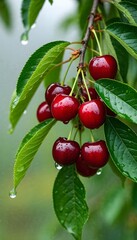 cherry fruits on a branch with leaves in the rain