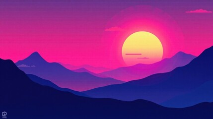 Vibrant Sunset Over Silhouetted Mountain Ranges, a Vivid Pink and Purple Landscape Illustration