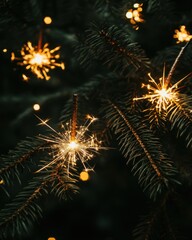 Festive Sparklers Illuminate Evergreen Branches Creating a Warm and Magical Holiday Atmosphere with a Dark Background