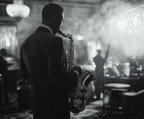 Black and white image of a jazz saxophonist performing in a smoky club. A moody, cinematic scene evoking the golden age of jazz and live music culture.