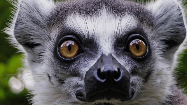 Ring tailed lemur making expressive facial gestures while staring directly at camera, revealing playful personality and characteristic wildlife charm from close up perspective