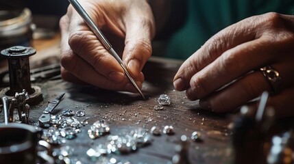 A jeweler carefully crafting a ring at a workbench, using fine tools and precious metals. 1